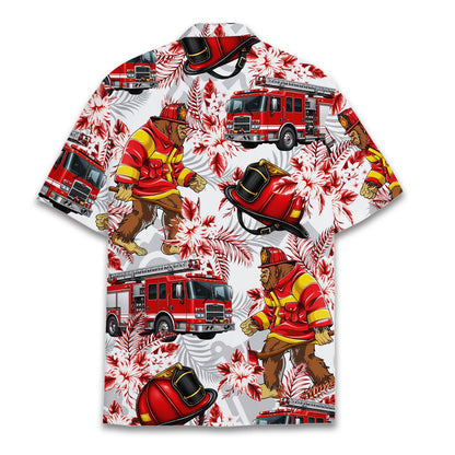 Lifestyle view of the firefighter bigfoot hawaiian shirt outdoors