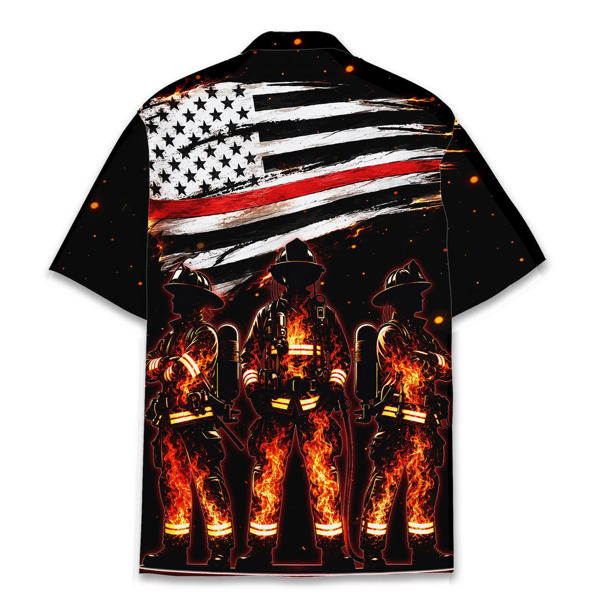 Black firefighter hawaiian shirt, back view showing the distressed thin red line flag