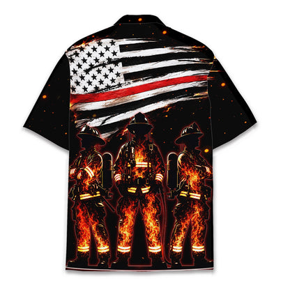Black firefighter hawaiian shirt, back view showing the distressed thin red line flag