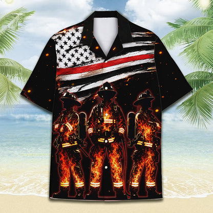 Black firefighter hawaiian shirt, front view close up of button detail