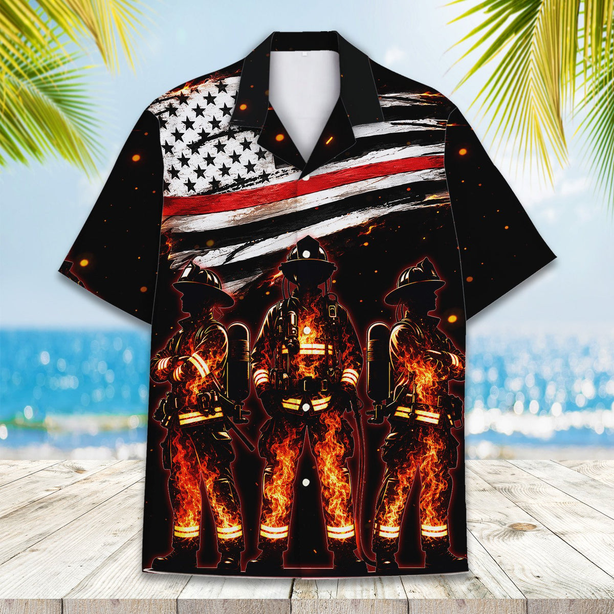 Black firefighter hawaiian shirt, front view angled