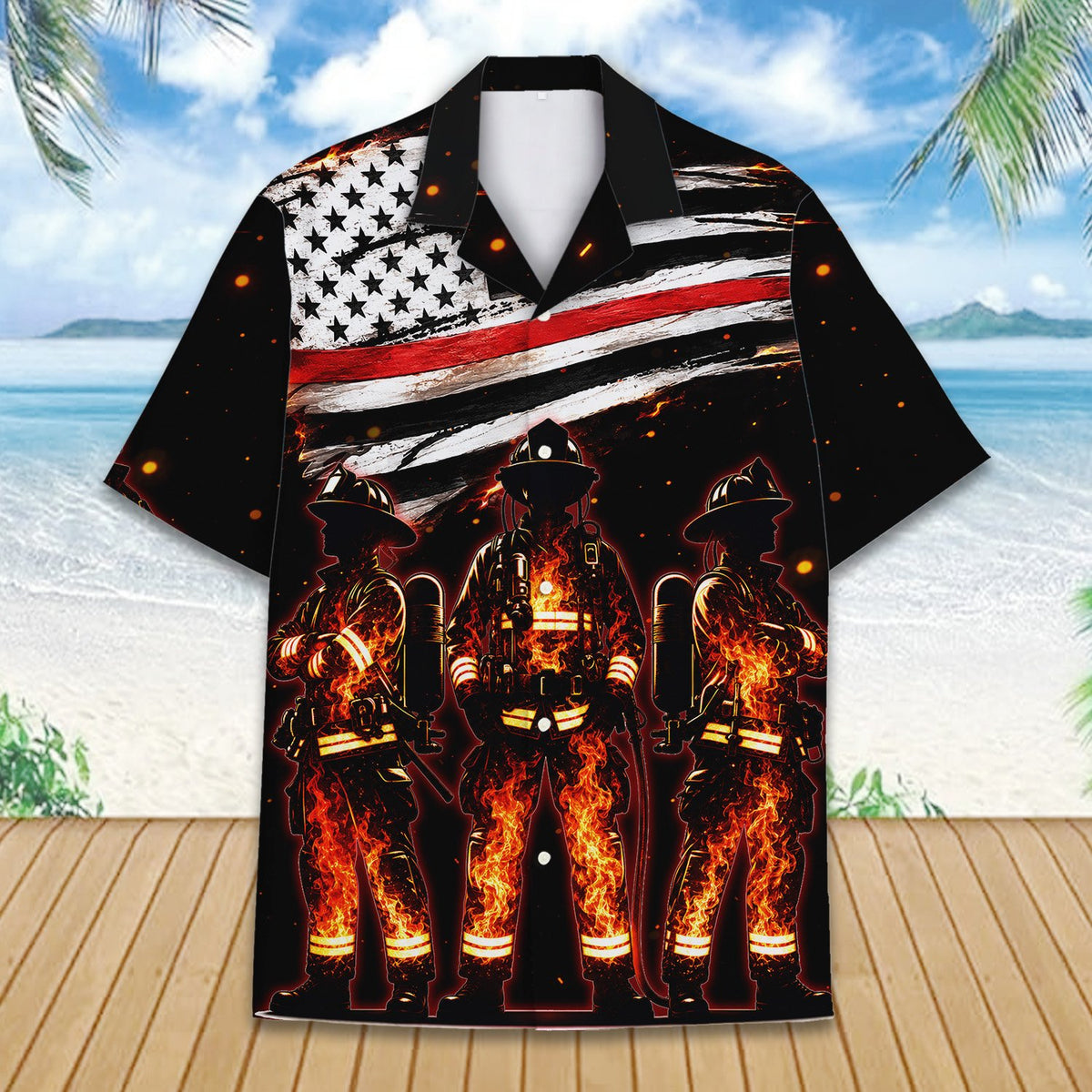 Black firefighter hawaiian shirt, front view full length