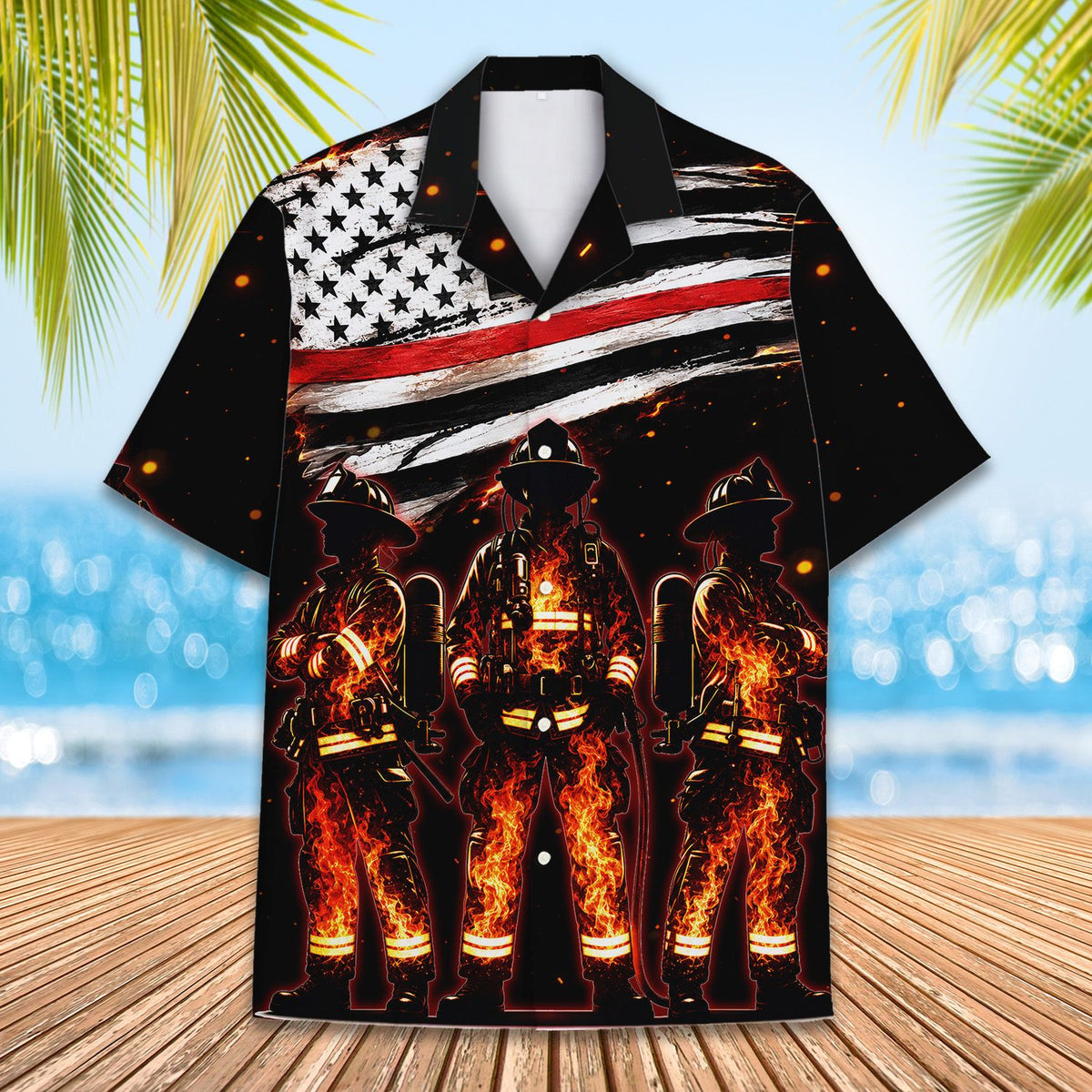 Black firefighter hawaiian shirt, front view on model