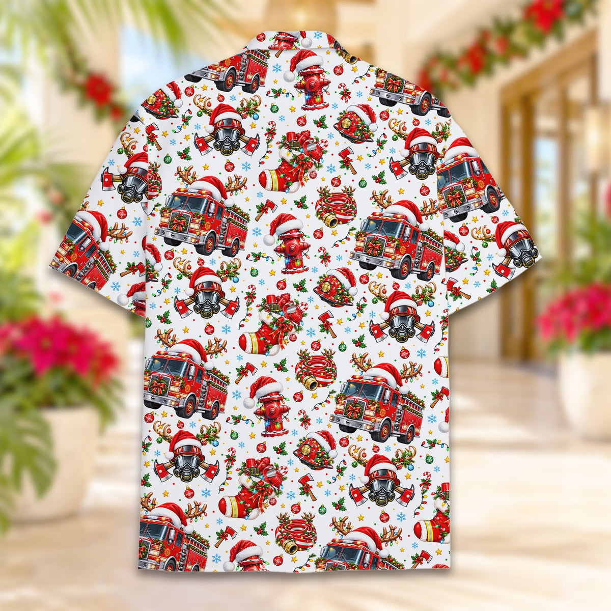 Back view of the white firefighter hawaiian shirt with holiday gear design