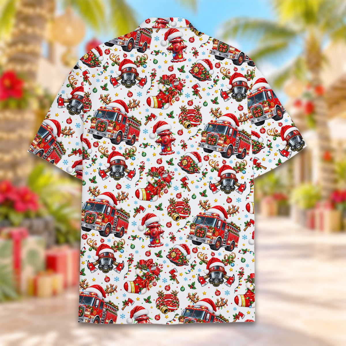 Firefighter christmas hawaiian shirt, back view showing all-over print