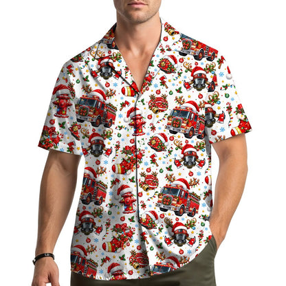 Firefighter christmas hawaiian shirt with festive fire trucks and hydrants, front view