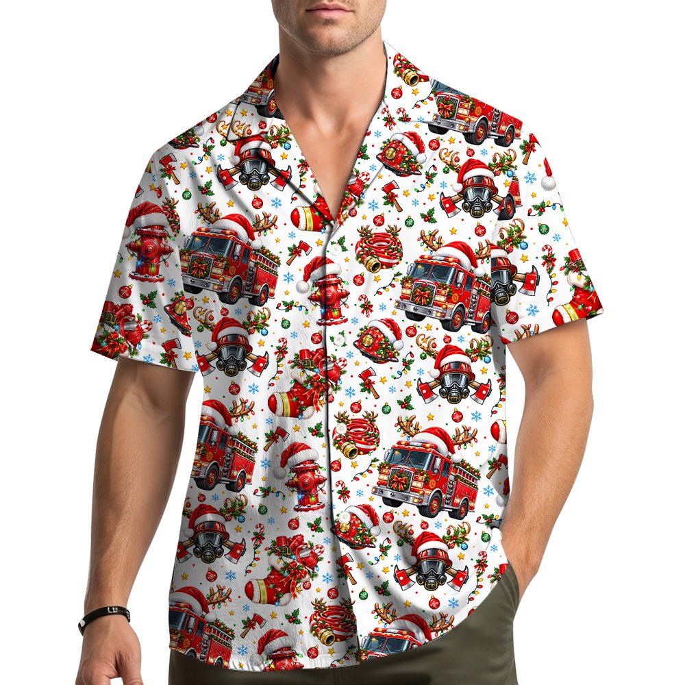 White firefighter hawaiian shirt with holiday pattern, front view