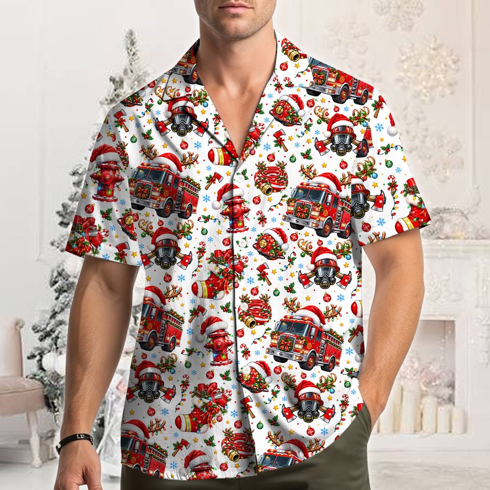 Lifestyle view of the firefighter christmas hawaiian shirt worn casually