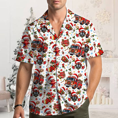 Lifestyle view of the firefighter christmas hawaiian shirt worn casually