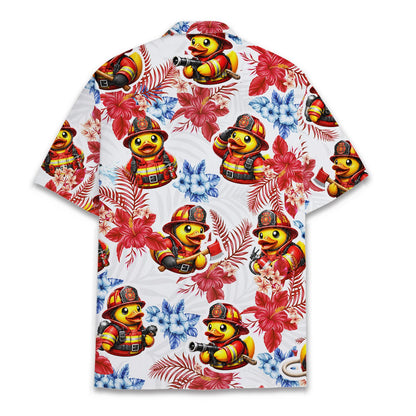 Back view of matching family Hawaiian shirt firefighter ducks tropical