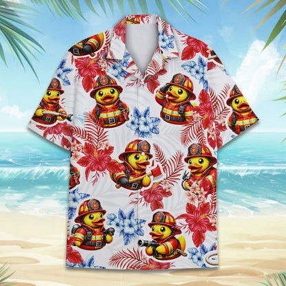 Front detail view of white firefighter Hawaiian shirt