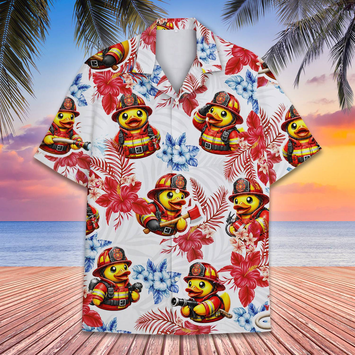 Another front view of white firefighter Hawaiian shirt