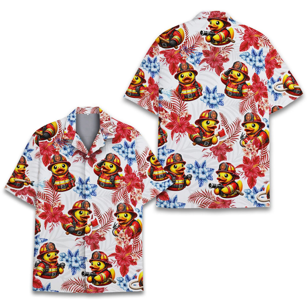 Close up front view of firefighter ducks tropical design