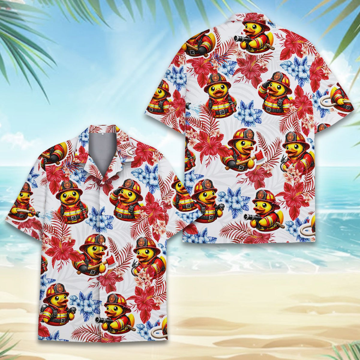 Front view showing collar and buttons of Hawaiian shirt