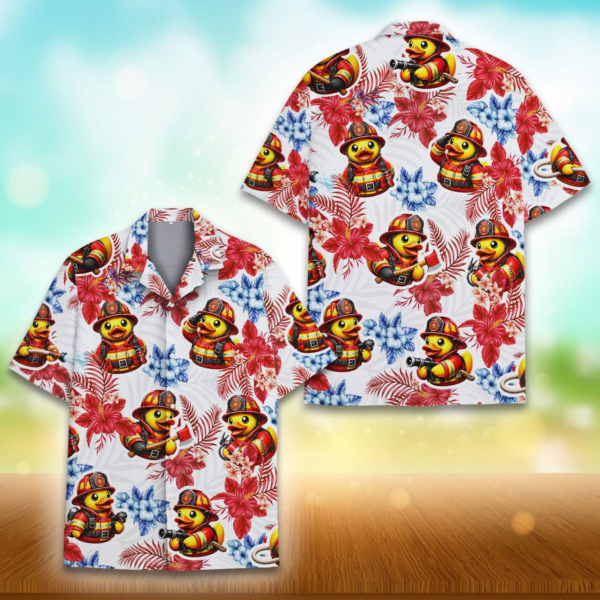Full front view of white firefighter Hawaiian shirt