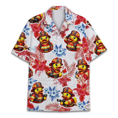 Front view of matching family Hawaiian shirt firefighter ducks tropical