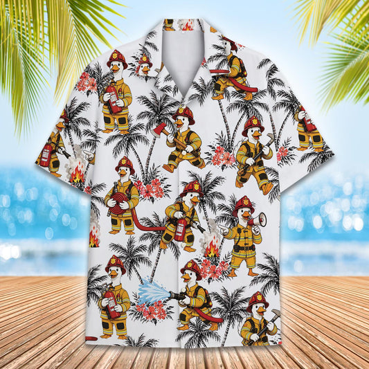 Matching family hawaiian shirts with firefighter tropical pattern, front view