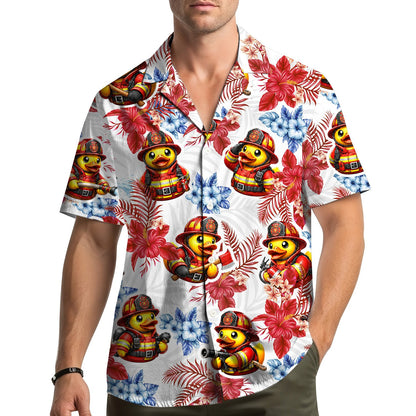 Alternate view of white firefighter Hawaiian shirt