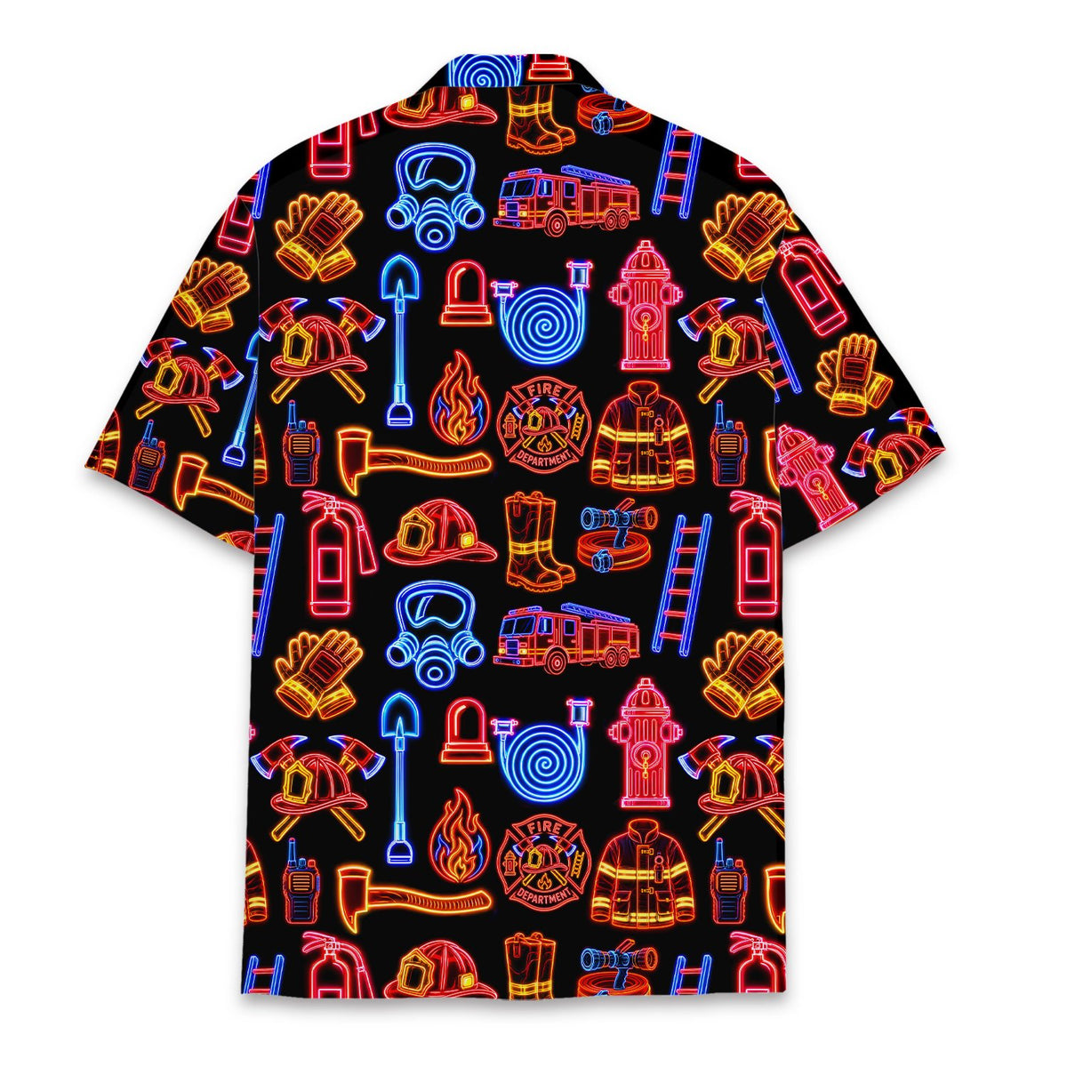Matching family hawaiian shirts back view showing neon design