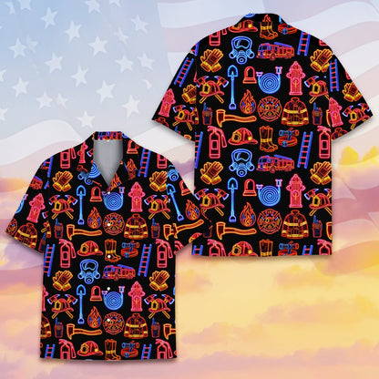 Firefighter hawaiian shirt front view detailed