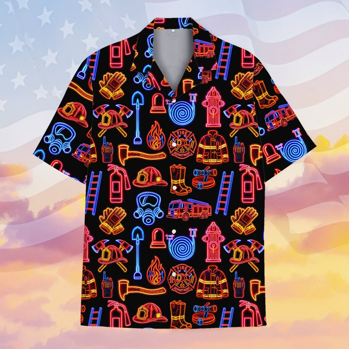 Firefighter hawaiian shirt front view showing neon gear design