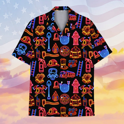 Firefighter hawaiian shirt front view showing neon gear design