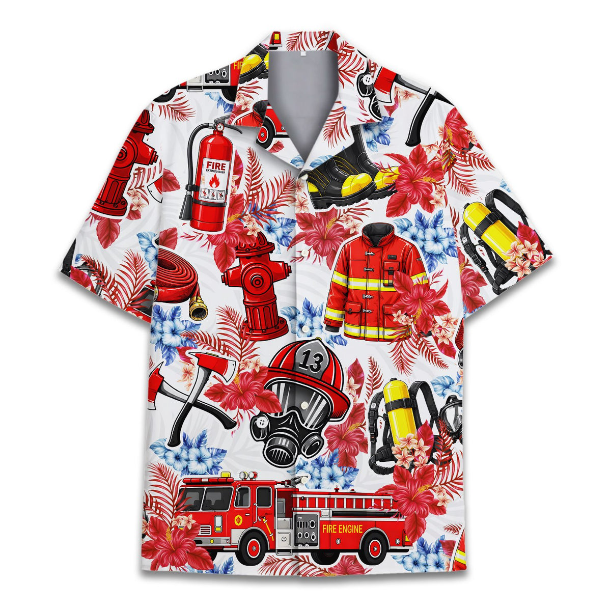 Firefighter hawaiian shirt main front view showing fire engines and helmets