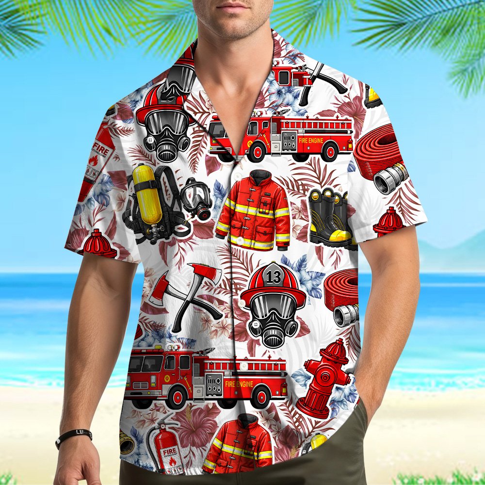 Another lifestyle shot featuring the firefighter hawaiian shirt