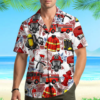 Another lifestyle shot featuring the firefighter hawaiian shirt
