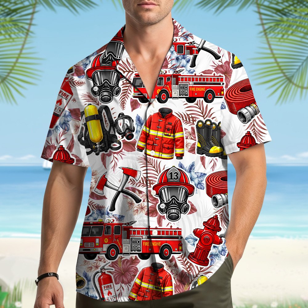 Lifestyle view of a family wearing matching firefighter hawaiian shirts