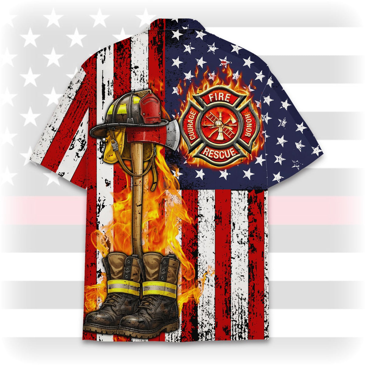 Close-up back view showing axe, helmet, and boots graphics on the hawaiian shirt