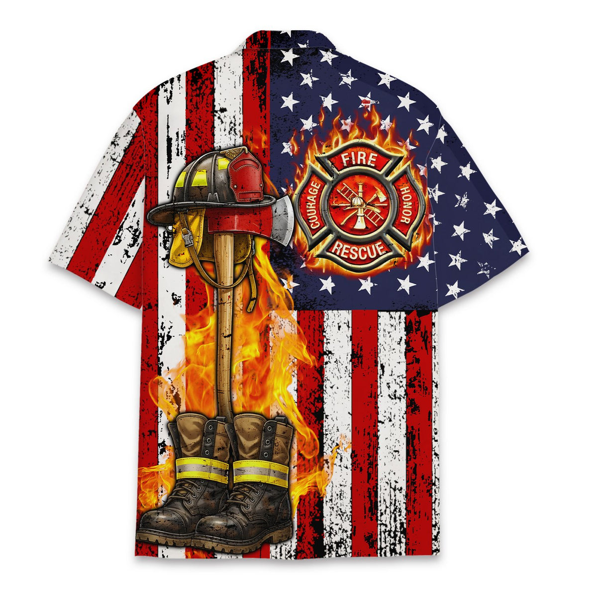 Back view of the distressed American flag firefighter hawaiian shirt