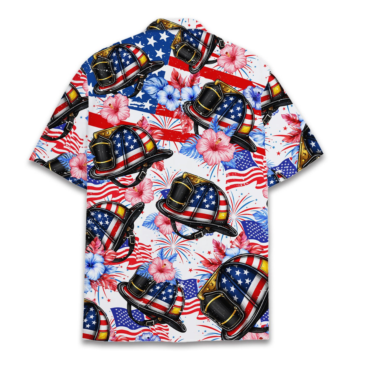 Back view of the tropical firefighter patriotic hawaiian shirt