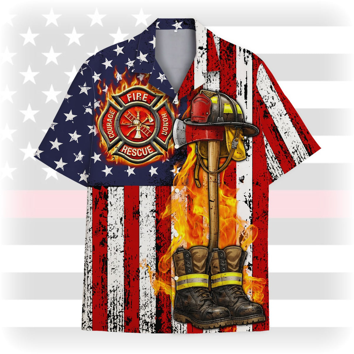 Front view of the firefighter patriotic hawaiian shirt showing flag stripes and chest emblem