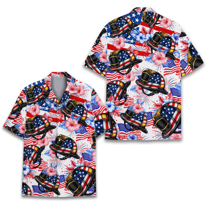 Alternative front view of the firefighter patriotic hawaiian shirt matching family outfit