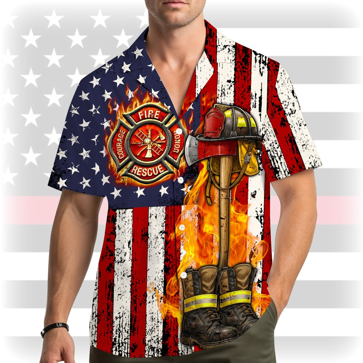 Lifestyle image showcasing the firefighter patriotic hawaiian shirt on a sunny day