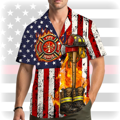Lifestyle image showcasing the firefighter patriotic hawaiian shirt on a sunny day