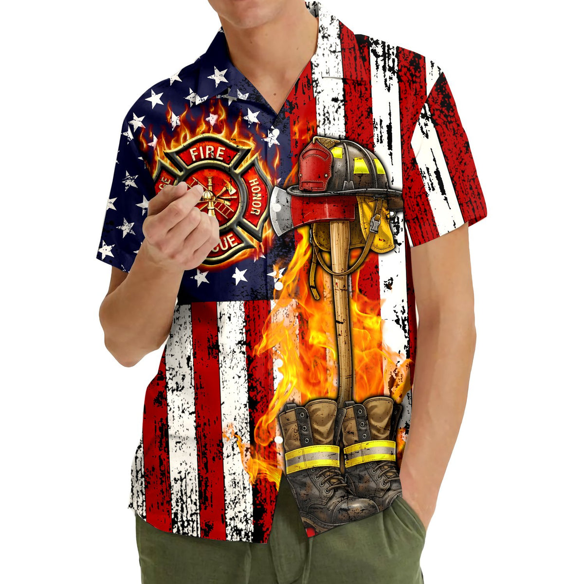 Family posing happily in matching navy firefighter hawaiian shirts