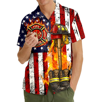 Family posing happily in matching navy firefighter hawaiian shirts