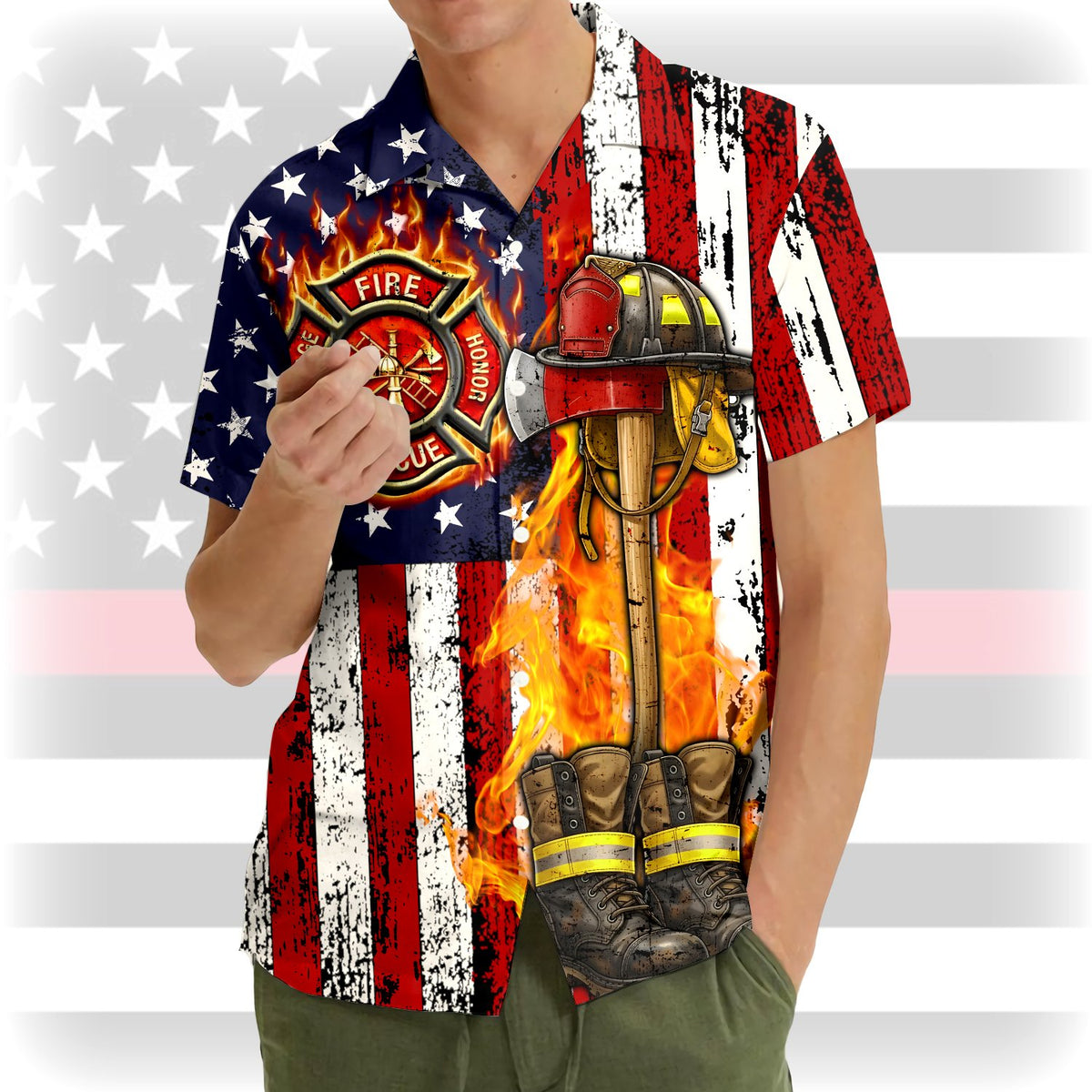 Close-up lifestyle shot of the detailed firefighter graphic shirt