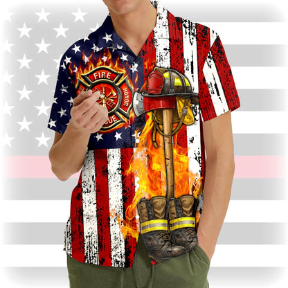 Close-up lifestyle shot of the detailed firefighter graphic shirt