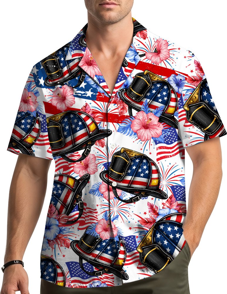 Lifestyle view of a person wearing the matching family hawaiian shirt outdoors