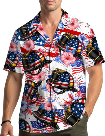 Lifestyle view of a person wearing the matching family hawaiian shirt outdoors