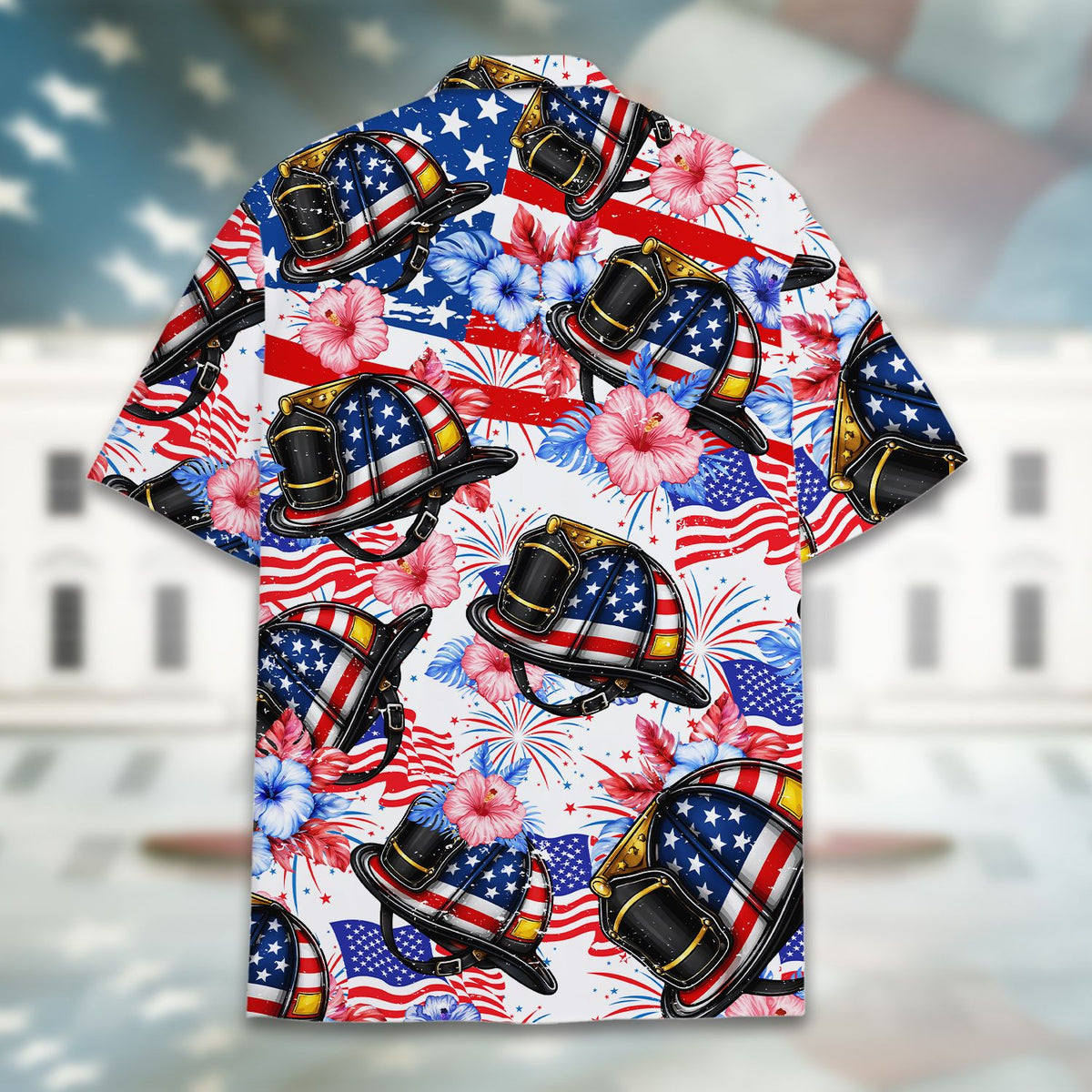 Detailed view of the button and collar on the firefighter patriotic hawaiian shirt