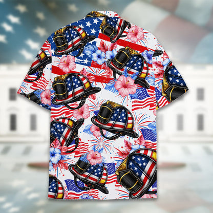 Detailed view of the button and collar on the firefighter patriotic hawaiian shirt