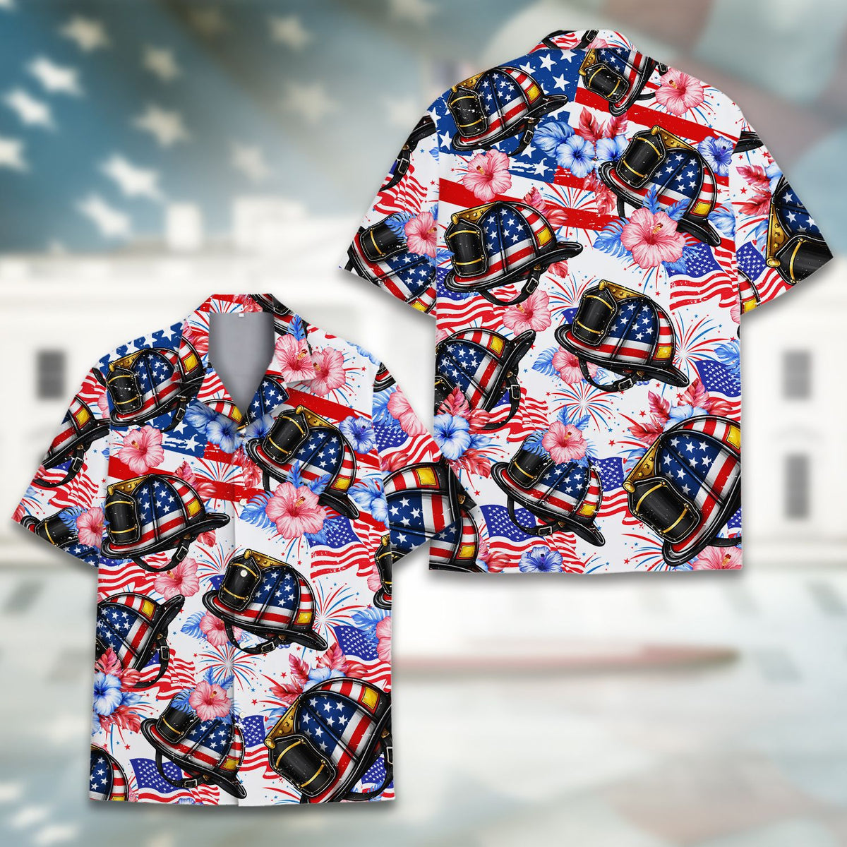 Fabric texture detail showing the hibiscus and fireworks print on the hawaiian shirt