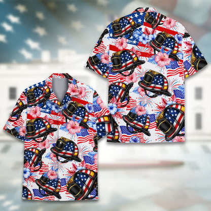 Close-up detail of the American flag firefighter helmet pattern on the hawaiian shirt