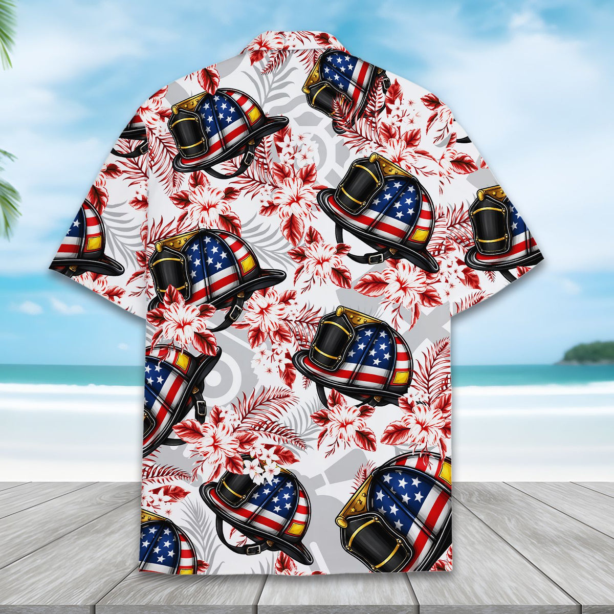 Close up back view of the firefighter tropical hawaiian shirt