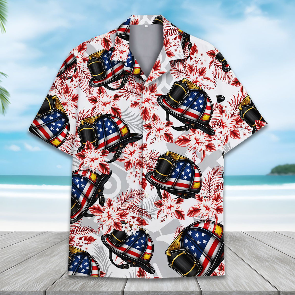 Detailed front view highlighting the red hibiscus flowers and tropical leaves