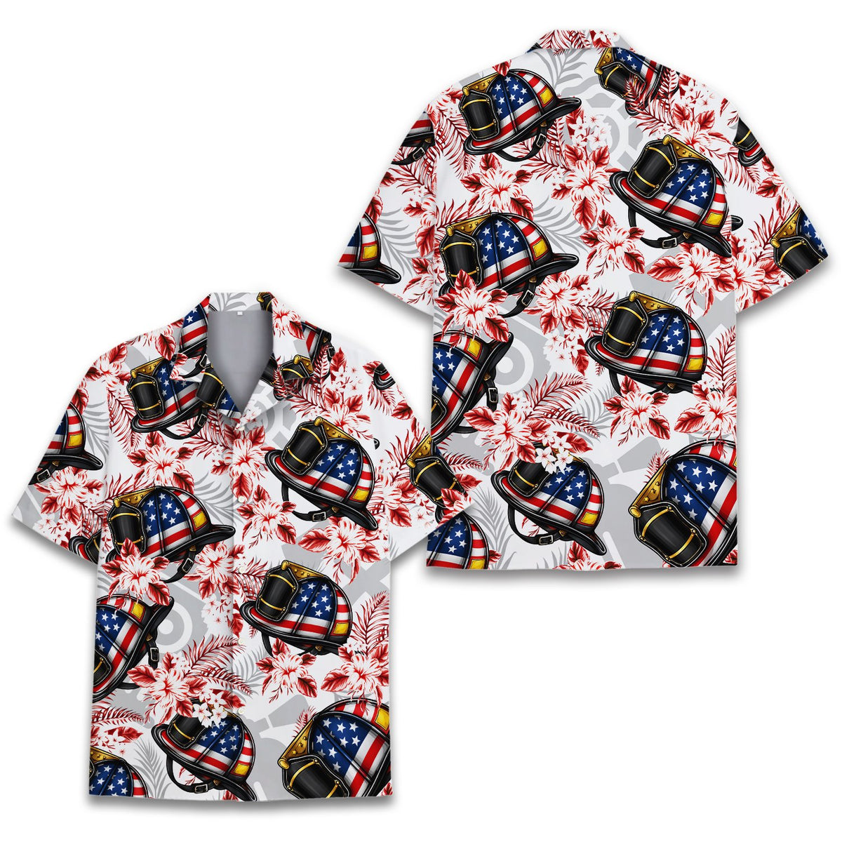 Front view of the white firefighter patriotic tropical hawaiian shirt